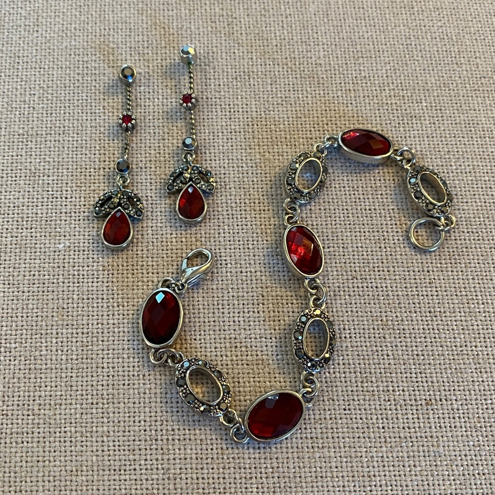 Premier Designs Red Crystal & Marcasite-Style Bracelet & Earring Set